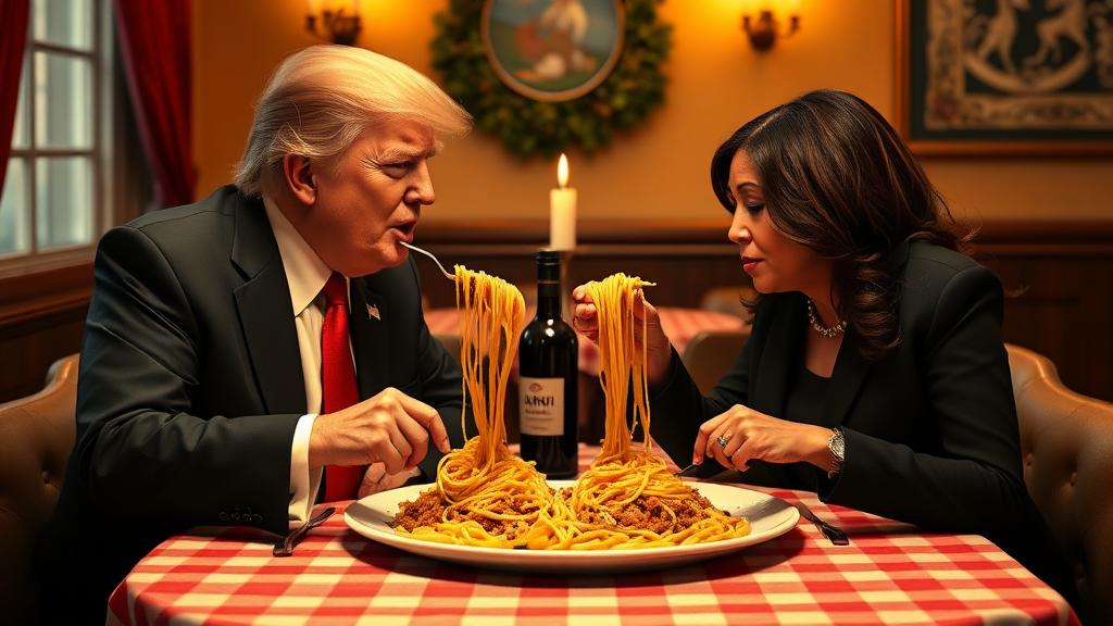 Photoreal style. ratio: 16:9. Donald Trump and Kamala Harris eating in an italian restaurant a la the one in 'Lady and the Tramp. Checkered tablecloth, Chianti bottle used as a candle holder. Both humans are eating spaghetti from one shared plate with their hands, and end up eating the same long piece of spaghetti, making their heads very close.