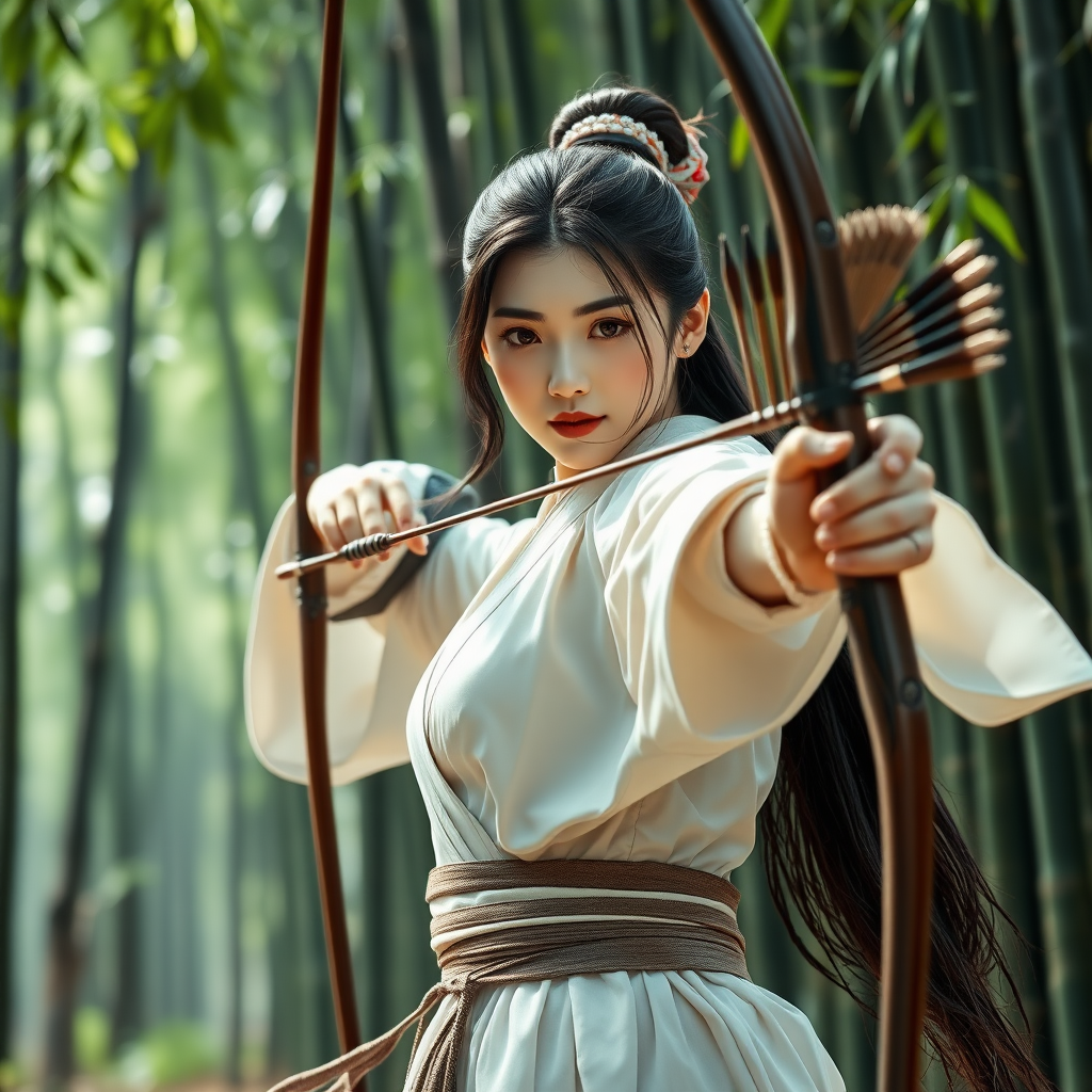 From the perspective of the whole body, a beautiful woman of the Tang Dynasty in China, a chivalrous woman, wearing white clothes, pulling away bows and arrows, in the bamboo forest. Movie poster, game cg. Complete bows and arrows, not incomplete bows and arrows.