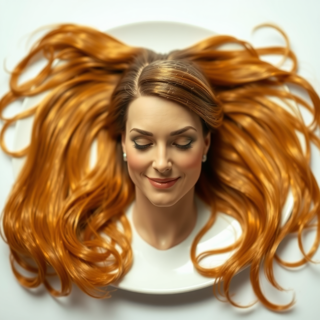 In a surreal and whimsical culinary display, Kate Middleton's disembodied head is elegantly arranged on a pristine, white porcelain plate. Her long, flowing hair cascades luxuriously around the edges, each strand meticulously crafted to shimmer in the ambient light, reminiscent of spun gold. The delicate features of her face, perfectly sculpted, convey a serene expression, with a soft, inviting smile that radiates warmth and grace.