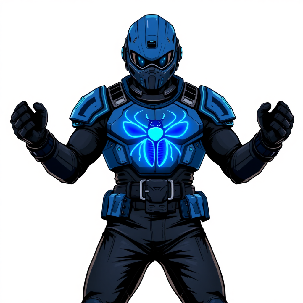 A 28-year-old cyberpunk vigilante stands heroically, clad in high-tech, maximum blue body armor featuring a neon blue glowing beetle on the chest. They wear black biker pants, a black belt with a sapphire beetle buckle, and a head covering helmet resembling a sleek, tactical design, but colored maximum blue with neon blue glowing lenses. Their hands are protected by black metal gloves, all set against a solid white background. He is drawn as if he was in a retro 2D cyberpunk fighting game.