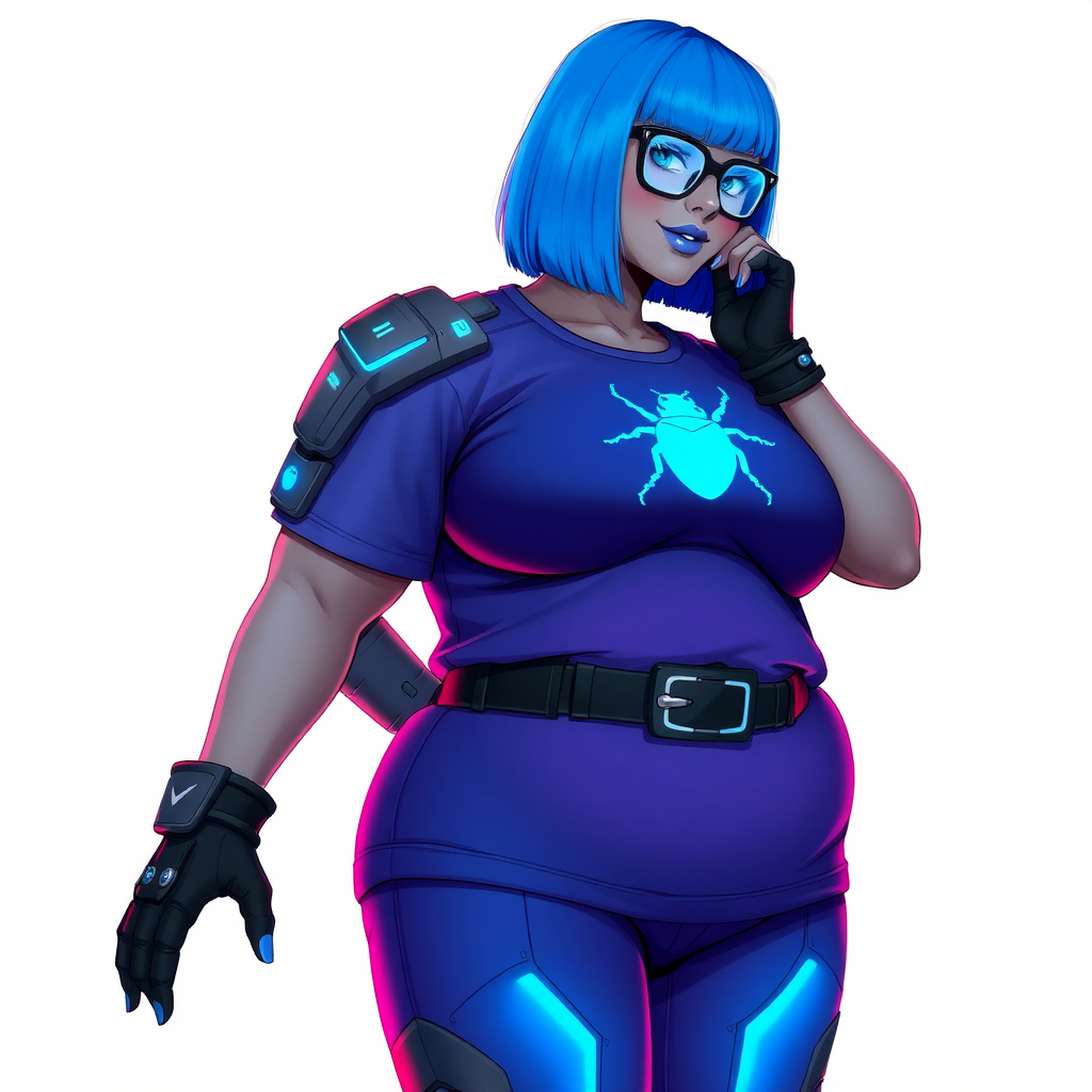 A 28-year-old, full-figured, metallic middle gray skinned computer program hybrid with a vibrant maximum blue bob cut. She has a non-athletic build, highlighted by a prominent, round, large midsection (fully emphasizing her round large belly) while being covered by her large t-shirt, reflecting her new junk food eating habits influenced by her boyfriend. As the full-figured, nerdy, digital sidekick to her cyberpunk vigilante boyfriend, her middle gray metallic skin and maximum blue lipstick underscore her digital essence. She dons a digital, computerized outfit: a large, tight-fitting, high-tech, maximum blue t-shirt with neon blue glowing beetle themed accents complete by a giant neon blue glowing beetle icon on the chest, hi-tech shoulder pads with neon blue accents, a black hi-tech belt with a digital neon blue glowing buckle, digital maximum blue pants with neon blue accents, and black hi-tech gloves with neon blue glowing accents. Her neon blue glowing eyes, black eyeglasses with neon blue glowing lenses equipped with a built-in HUD, and shy smile with neon red blush highlight her nerdiness. She stands bashfully with one hand behind her back and the other gently touching her cheek, her outfit covering all her bare skin and fully emphasizing her full-figured physique (especially her large belly). She is clearly non-athletic, with a heavy focus on her full-figured physique (with full emphasis on her large belly). Despite her build, she radiates beauty. Her slim face contrasts with her physique, accentuating her radiant beauty. She is set against a solid white background. She is drawn as if she were in a retro 2D cyberpunk fighting game.