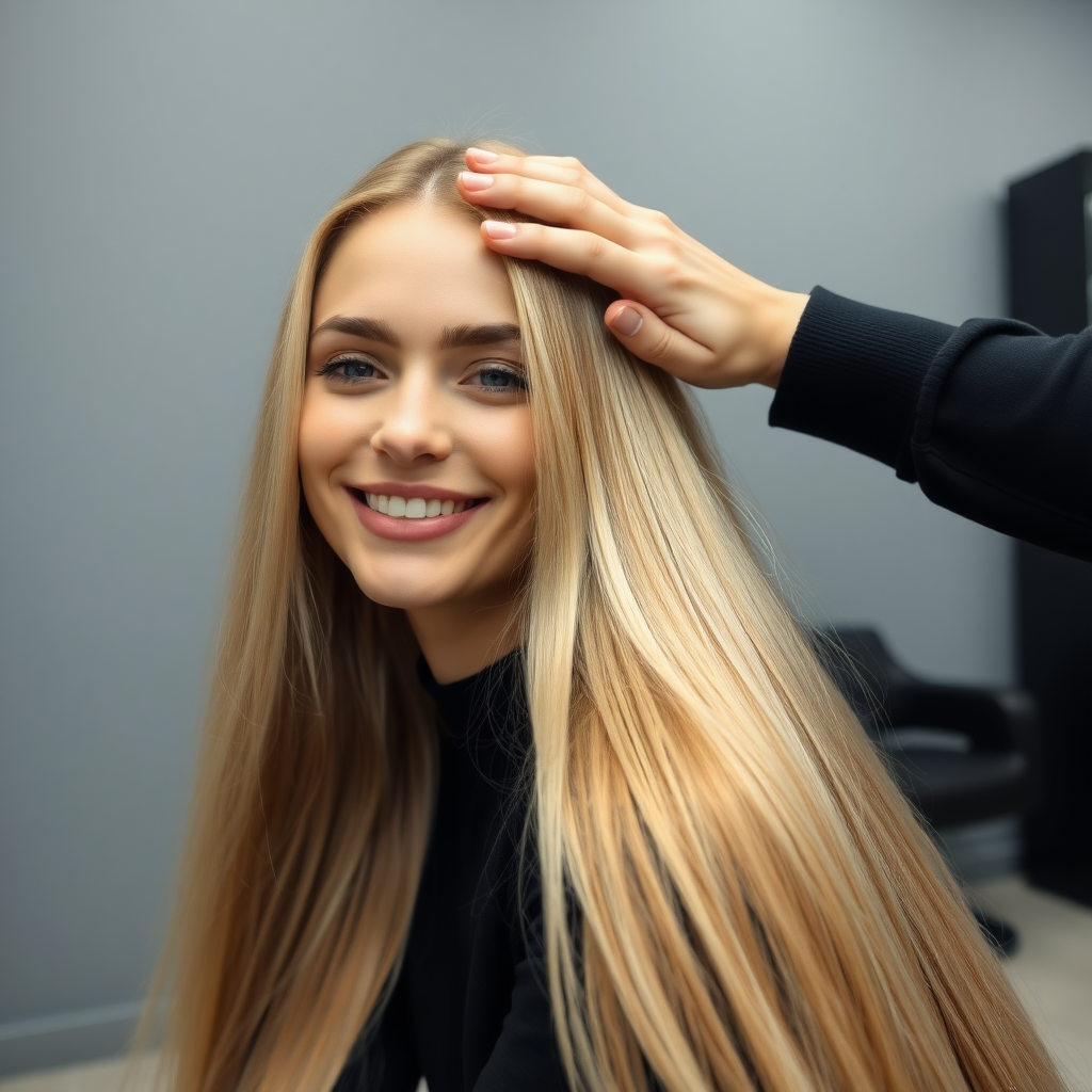 POV, beautiful very long haired blonde woman sitting in a hair salon smiling at the camera while I reach out from behind the camera to massage her scalp. My fingers are digging into her hair rubbing her scalp while her hair is covering my hands. 
Plain gray background.