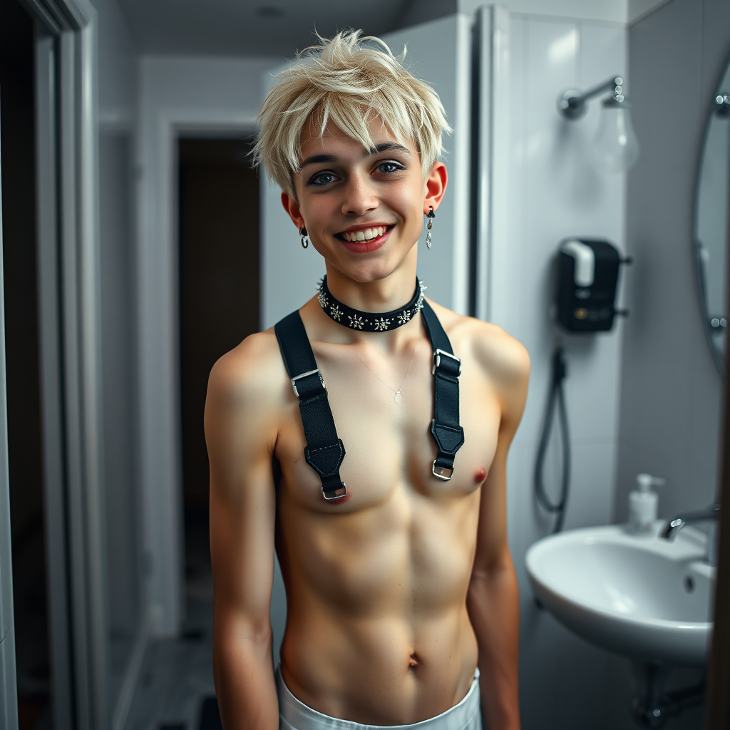 photorealistic, ultra high resolution, 16K, surreal fantasy, studio lighting, a pretty 16 year old goth boy, slim male physique, short blonde hair, goth makeup, earrings, pantyhose, harness, spikey dog collar and leash, trainer-bra, white ballet shoes, in the bathroom, excited smile, facing the camera.