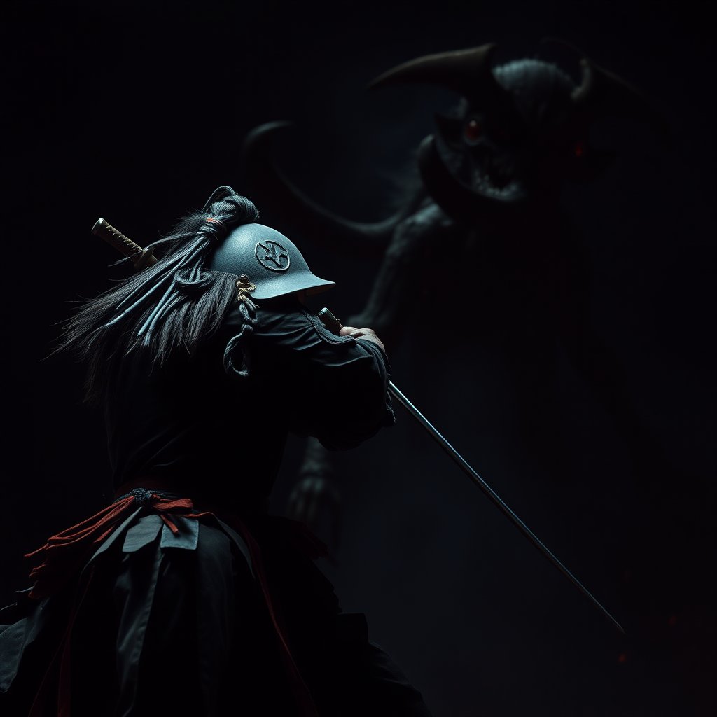 cinematic film still of A samurai with a katana attacks a demon in the dark night.