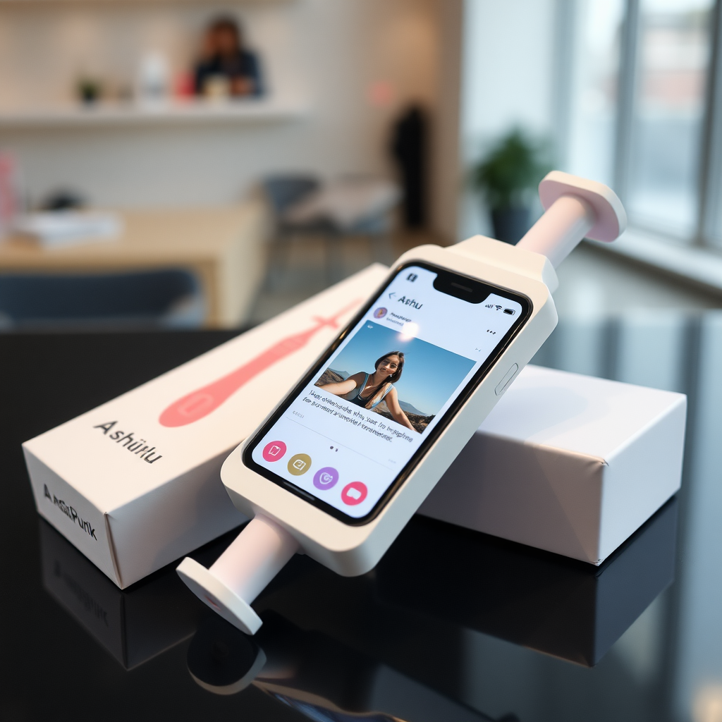 A close-up straight front view of a mobile phone in the shape inspired by a syringe, white pink futuristic, kept for sale leaning to a box with text Ashu and minimal design, in a showroom, metallic body, touchscreen phone with an Instagram page open on the screen, needle on top, whitepunk.