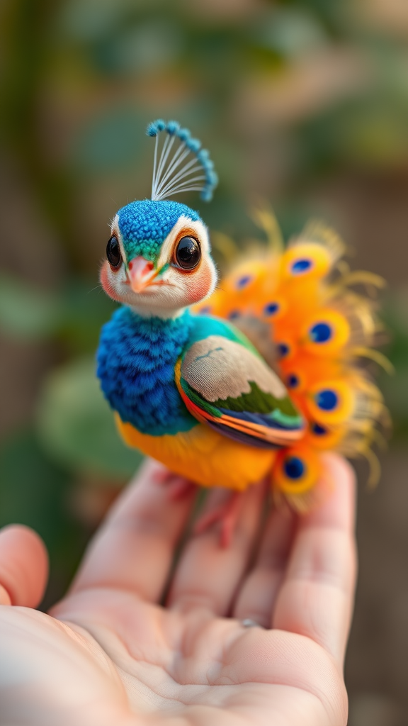 A small tiny cute chubby big eyes big perfect tail real colorful dancing peacock with tail on hand