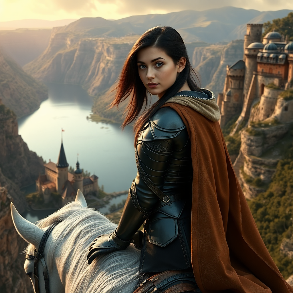 beautiful young woman, dark hair, past her shoulders, blue eyes, small, slim figure, wearing full leather armor suit, long cloak, on a white horse overlooking a large canyon and beautiful medieval village on a lake.