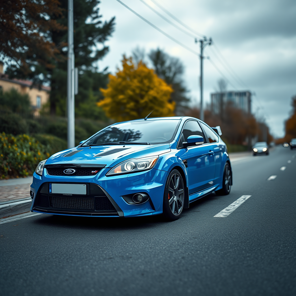 #AIart #flux1 #aiart #aiphotography #photorealism #flux1pro ford focus rs 2009 car is parked on the side of the road, inspired by Taiyō Matsumoto, tumblr, restomod, nd4, c4