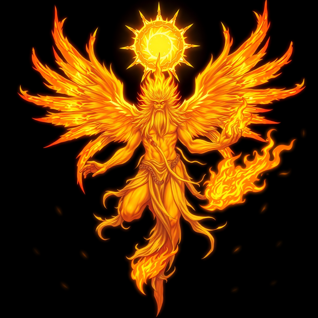 (High quality Anime styled art) Black background of a A Truly Supreme divine yet malevolent entity made of pure-solar golden-burning flame, embodying both pure holiness and corruption, floats ominously in mid-air. Eight blazing, fiery wings radiate intense solar energy, while a shattered unique halo resembling the sun hovers above its head, naked and body is made of pure-solar-burning flames, the being's long beard sways as its wrathful, ember-like eyes burn with fury. In one hand, it grasps a searing solar flame, glowing in vivid shades of yellow and orange, exuding a powerful and foreboding energy.