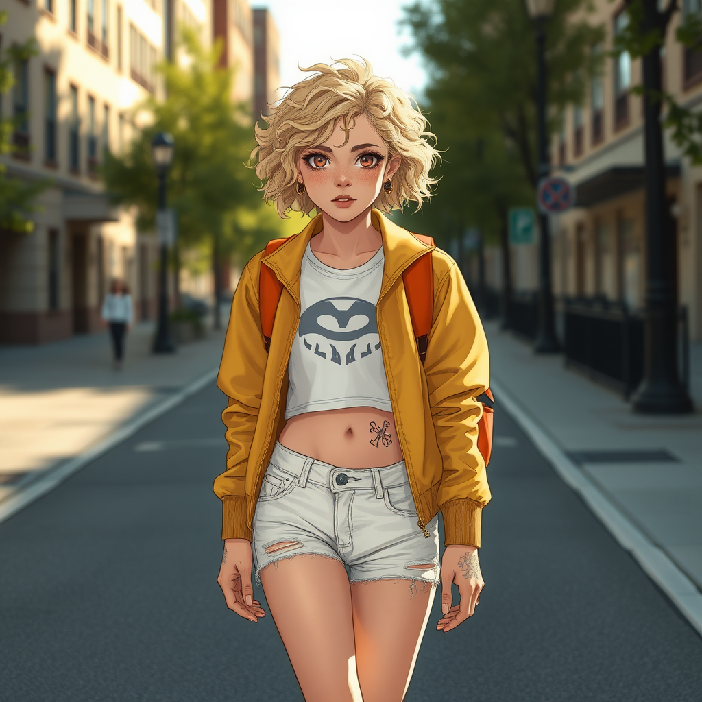 Ultra Realistic taken photo style image, Extremely good quality 8k resolution drawn manga image of a 15 year old petite and short tomboy girl with golden blonde curly hair with mixed and different colored eyes for each eye and moles on her entire body and is a white American girl, Has on a Gold Jacket over a white extremely short crop top only covering her breasts and nothing more with a design on it, and has on ripped shorts and cool looking sneakers and a deep and big cut type scar on her stomach from a huge injury she had, with a bright color backpack, ear piercings on, walking on the street to school in the morning with the beautiful sunlight lighting up her body beautifully.