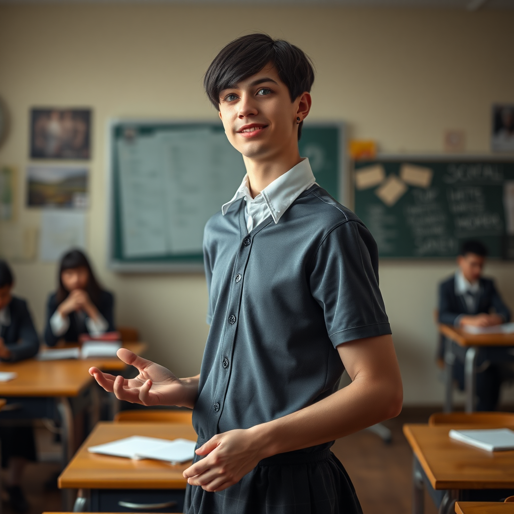 photorealistic, ultra high resolution, 16K, surreal fantasy, soft studio lighting, a pretty 17 year old goth male, slim male physique, short dark hair, blue eyes, goth makeup, earrings, sheer pantyhose, UK girls-school uniform, Mary-Jane shoes, standing in the classroom delivering a talk, excited smile, facing the camera.