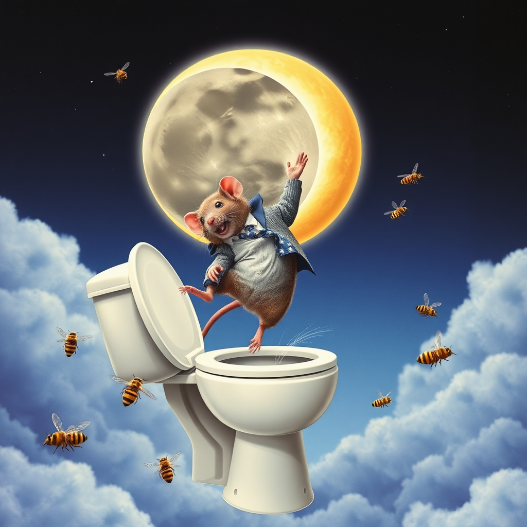 A rat politician diving off the moon into a toilet, bees, 90s musical movie poster, no text