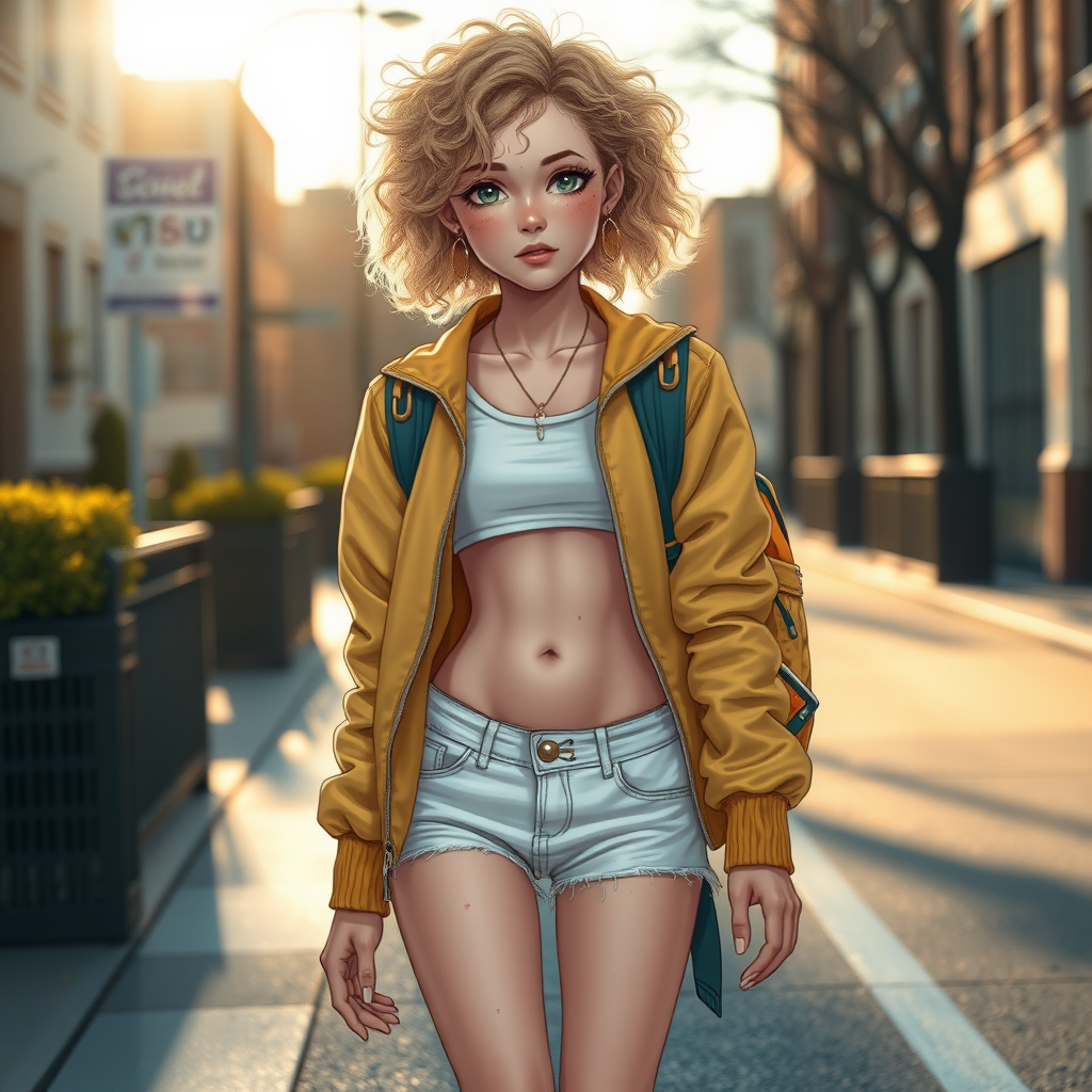 Ultra Realistic taken photo style image, Extremely good quality 8k resolution drawn manga image of a 15 year old petite and short tomboy girl with golden blonde curly hair with mixed and different colored eyes for each eye and moles on her entire body and is a white American girl, Has on a Gold Jacket over a white extremely short crop top only covering her breasts and nothing more with a design on it, and has on ripped shorts and cool looking sneakers with a deep scar or injury on her stomach with a bright color backpack, ear piercings on, walking on the street to school in the morning with the beautiful sunlight lighting up her body beautifully.