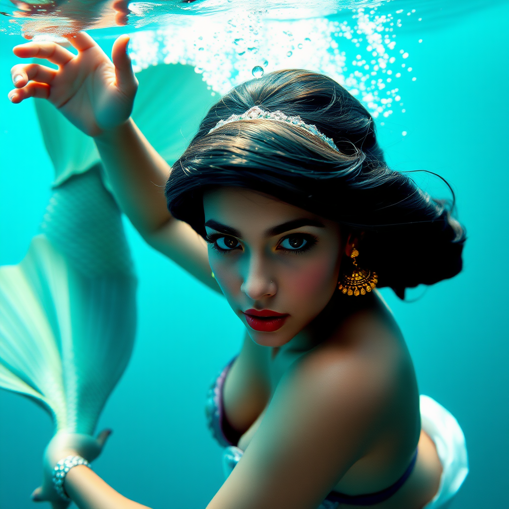 Princess Jasmine as a mermaid. She's floating underwater with arms up. She's looking intensely at the viewer of the photo. The eye contact is palpable and mystical. Her short hair floats like a beautiful nimbus around her head and her shiny scaled tail is curled beside her. Gossamer Diaphanous. Vamp it up! HD DSLR Photo