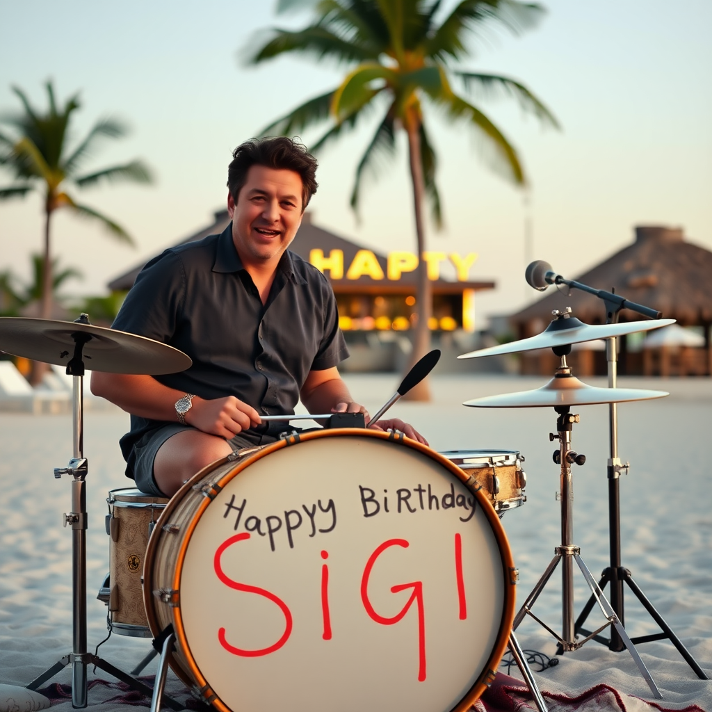 Simon Phillips sitting on Drumset on beach with Palms and bar, bassdrum spelling the words "Happy Birthday Sigi"