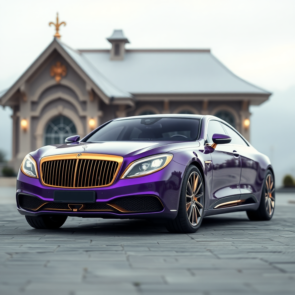 futuristic maybach sedan, purple and gold details, gold ornament, luxury, sultans, lord of the rings, elven style, fantastic, wonderland, royal, parked house