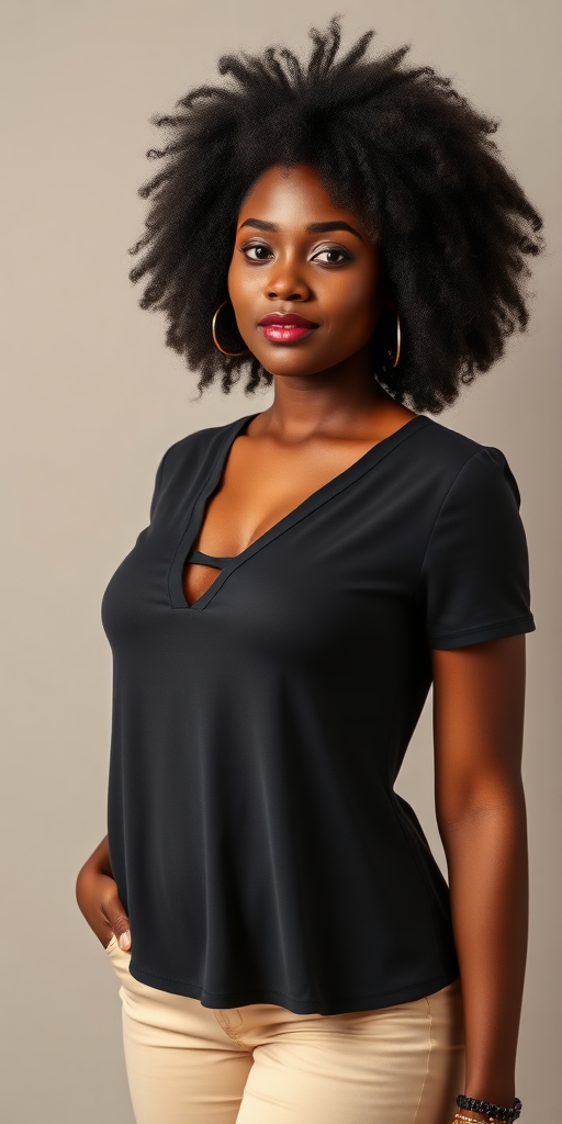 a fullbody photo of a busty african woman with an afro wearing a A-line top with a deep v-neck cut