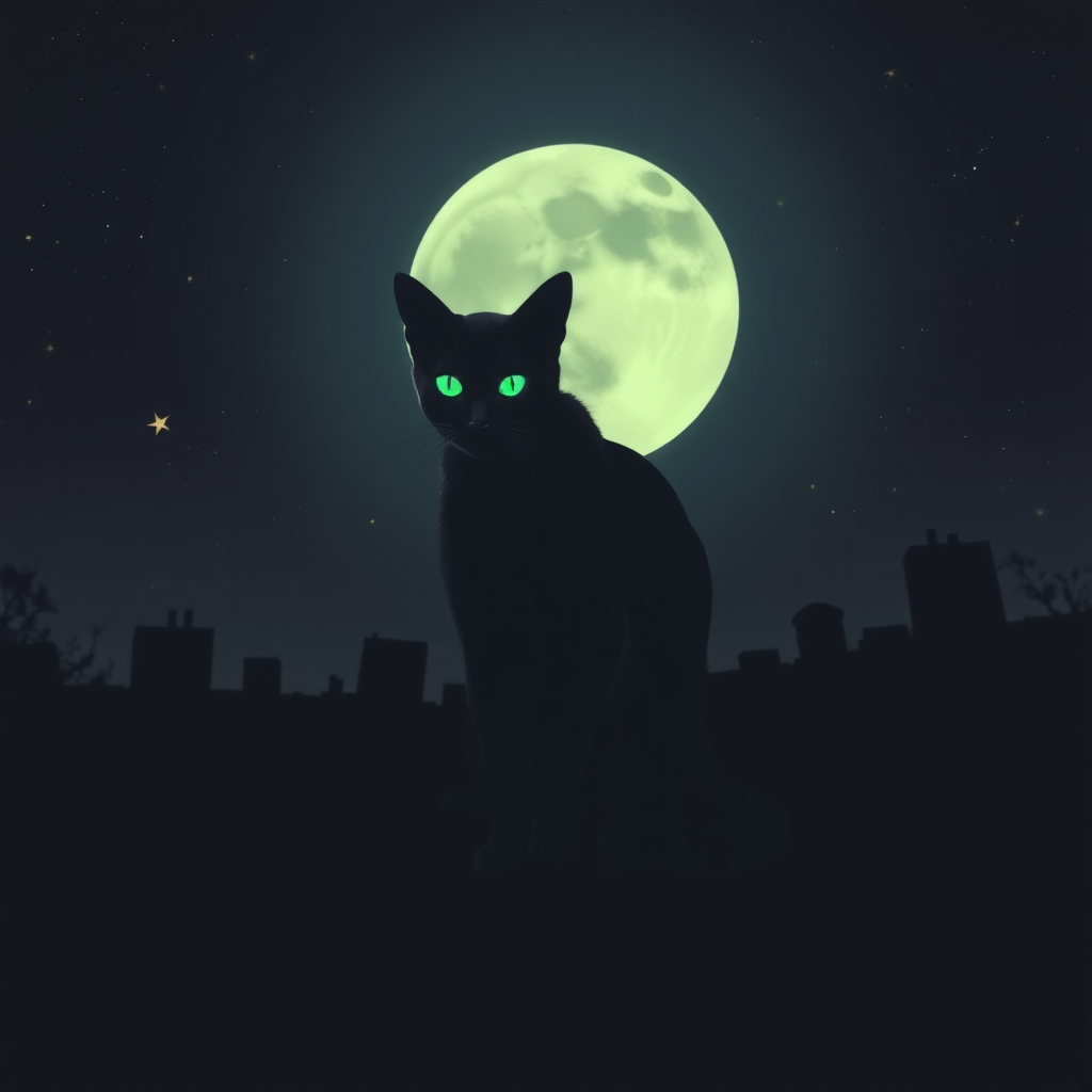 Create a striking image of a sleek black cat with glowing green eyes, set against a dark, moonlit night. The cat stands on a rooftop, its silhouette sharp against the starry sky. Surrounding it are shadows of trees and rooftops, creating an atmosphere of mystery and intrigue. The glowing eyes should capture a sense of magic and alertness, as if the cat is watching over the city. Emphasize the contrast between the darkness and the vivid glow of its eyes.