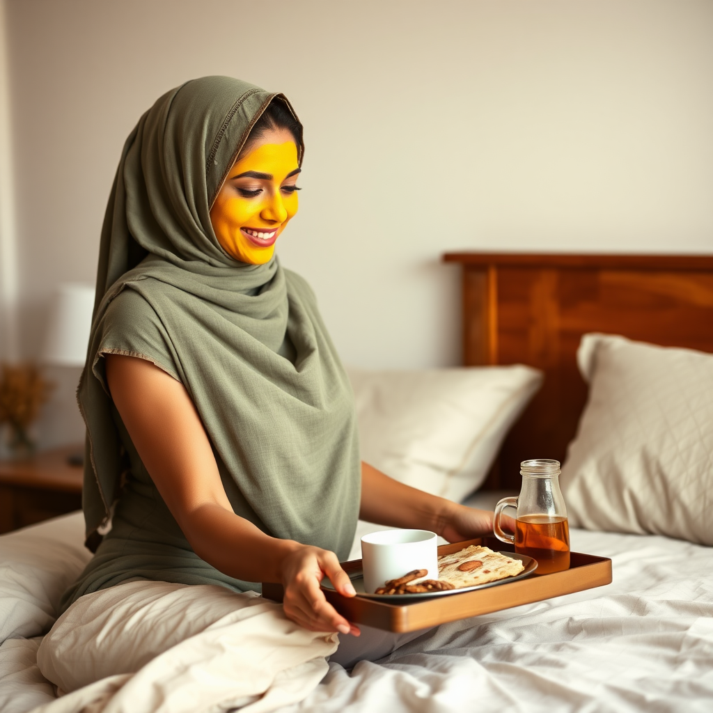 slim, 30 year old, sexy, indian wife, scarf head, turmeric face mask. She is smiling and serving breakfast on a tray on bedside table