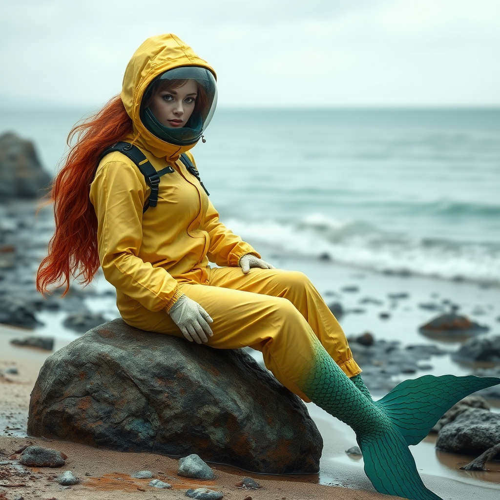 A realistic female mermaid wearing a hazmat suit that hides her hair while sitting on top of a rock on a toxic looking beach.