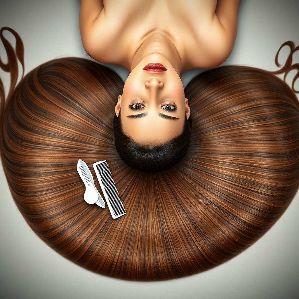 A beautiful woman laying down looking up at the camera. Her very long hair meticulously fanned out in a geometrically precise semicircle to display its length and beauty. A comb and scissors are set on her fanned out hair inviting the viewer to cut her hair.