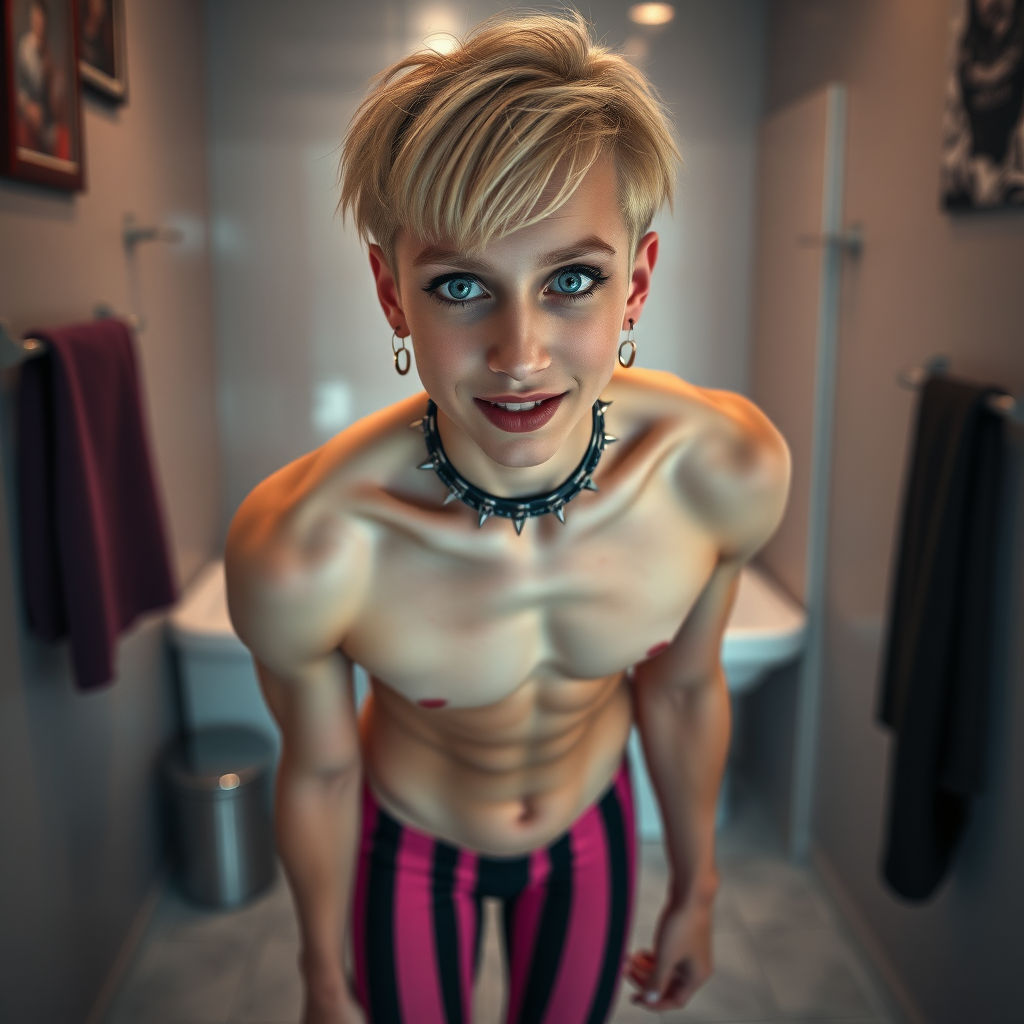 photorealistic, ultra high resolution, 16K, surreal fantasy, soft studio lighting, Caleb Swift is a pretty 16 year old goth male, slim male physique, blonde hair, blue eyes with enlarged pupils, goth makeup, earrings, pink & black vertically striped pantyhose, spikey neck collar with chain, standing on the floor of the bathroom, aroused excited smile, bulging crotch, full body front view of Caleb facing the camera.