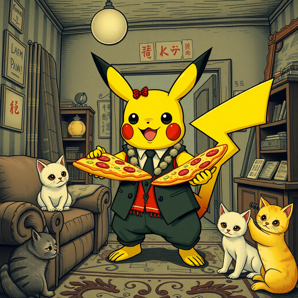 A well dressed handsome Pikachu demon delivering Hawaiian pizza to angry kittens in a decayed apartment, Chinese woodcut, Mormon, Catholic, Muslim