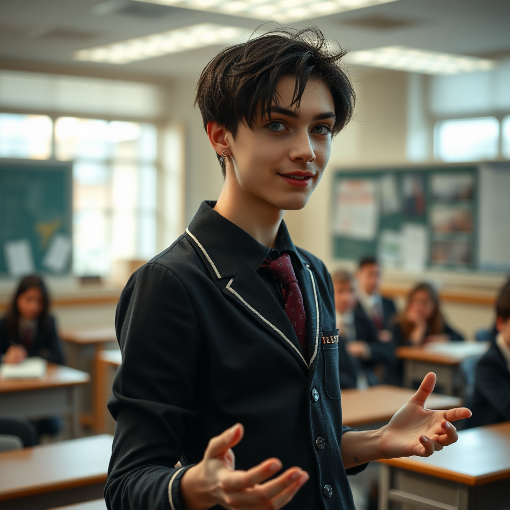 photorealistic, ultra high resolution, 16K, surreal fantasy, soft studio lighting, a pretty 17 year old goth male, slim male physique, short dark hair, blue eyes, goth makeup, earrings, sheer pantyhose, UK girls-school uniform, Mary-Jane shoes, standing in the classroom delivering a talk, excited smile, facing the camera.