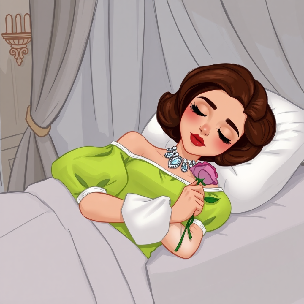 Disney sketch of an alluring, feminine 19-year-old Pakistani prince with short wavy brown hair in a bob with ringlets, rose lipstick, rose blush, long eyelashes, narrow face, wearing a lime green off-shoulder puff sleeve dress with a flowing skirt and white sleeves and a diamond festoon necklace. Sleeping in a funeral bier, eyes closed, holding a rose; the bedroom is covered by a large curtain in a palace room as the beauty rests forever in a deep death-like sleep.