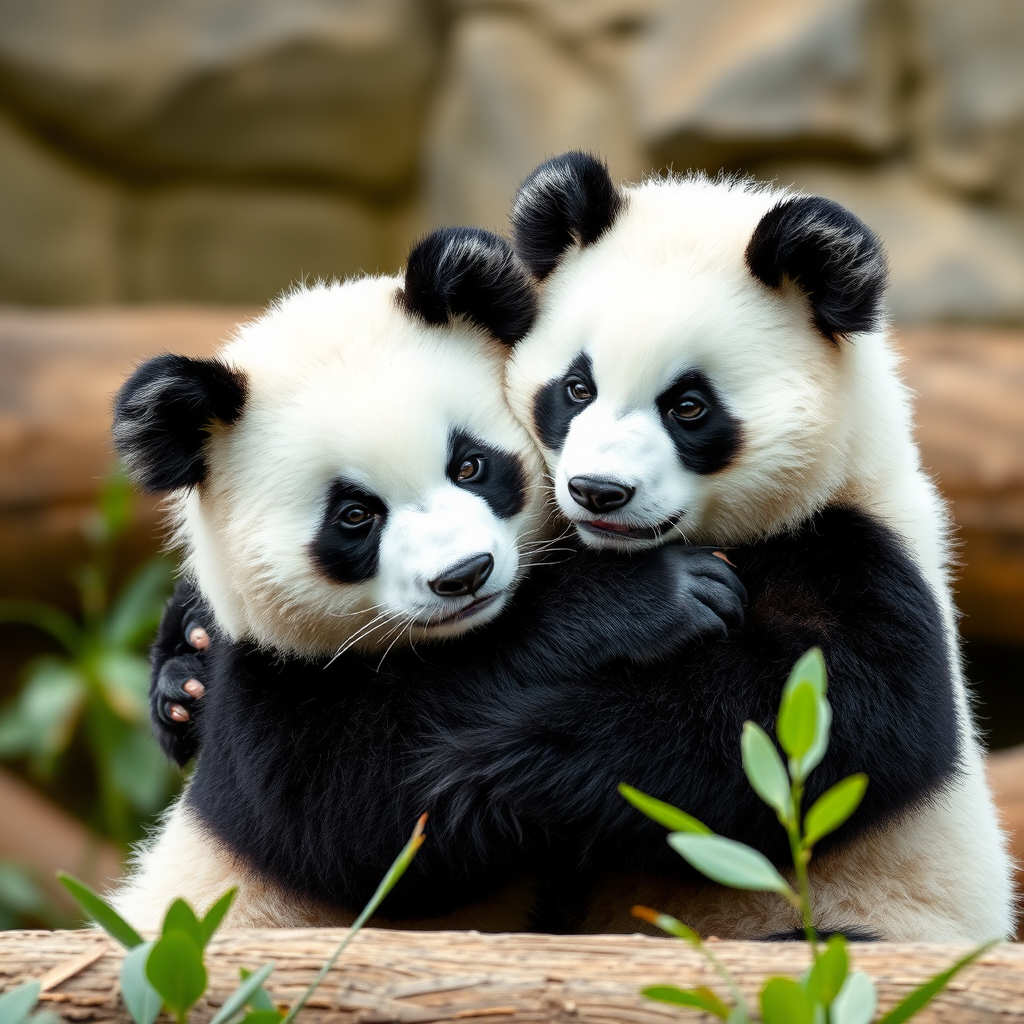 A picture of two panda bears hugging