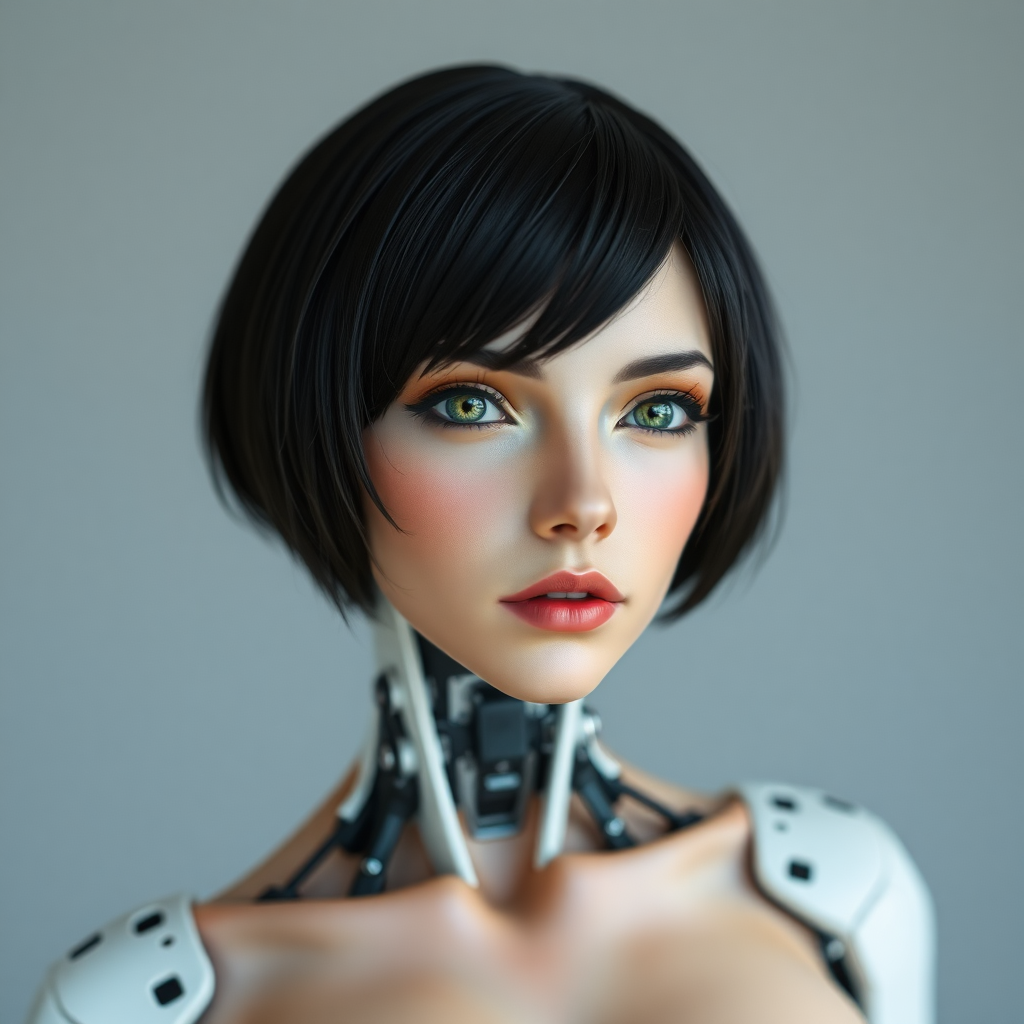 A photograph of a female cyborg with short black hair and green eyes. She has bare feet.