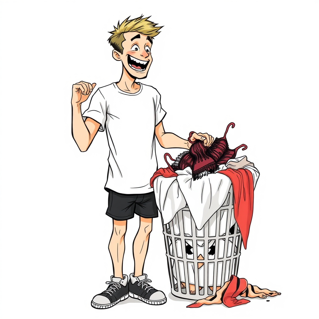 nervous short 20 year old european skinny man, short white t-shirt, standing, stunned, mesmerized, joyful, aroused, heavy drooling, heavy sweating, fumbling through a small dirty laundry basket piled up with sexy woman stained lingerie, detailed fabric, side view, sneakers, detailed feet, 2D, caricature, cartoon, Sketch lines, coloring book, coloring book, no body parts, no blood