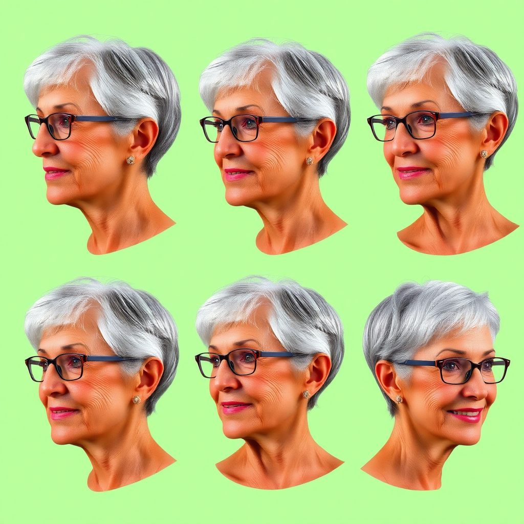 Photorealistic image of six headshots of a 55 Years old, European, Latina, sharp aquiline nose, wrinkles, high cheekbones, Middle Eastern, Skinny, Tanned skin, Dark light skin, full Makeup, jewelry, Serious face, Sharp nose, frowning, smiling, Ash hair, short bowl haircut, Brown eye color, Glasses, with detailed features. Each photo displays the same face in profile and front view, cut out and isolated on a green background. All six heads are visible side by side, empty space around each view, no overlapping.