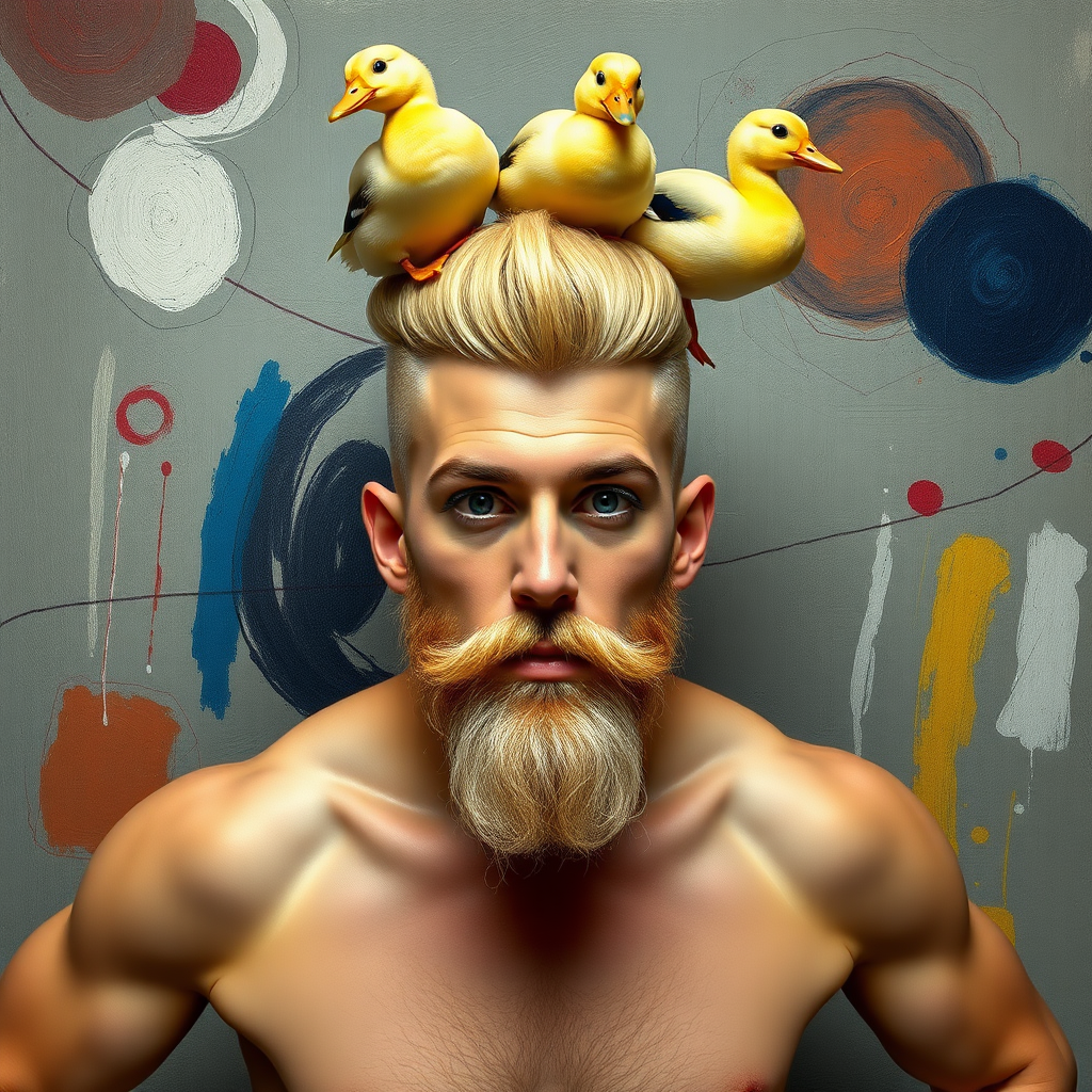 The background is a painting by Wassily Kandinsky. A 4K hyper-realistic photograph in the style of Kandinsky, blending surrealism with kitsch. The subject is a man with an extravagant, Italian blond haircut, styled in a flamboyant bun, paired with a sexy, Masculine look. He sports a neatly groomed, three-day beard — short, evenly distributed, with a light shadow effect across the chin, jawline, and cheeks. His makeup is dramatic, like a drag queen, adding to the boldness of his appearance. He has a muscular, athletic build. He’s naked, standing confidently with his hands on his hips. Above him, smaller ducks rest playfully on his head.