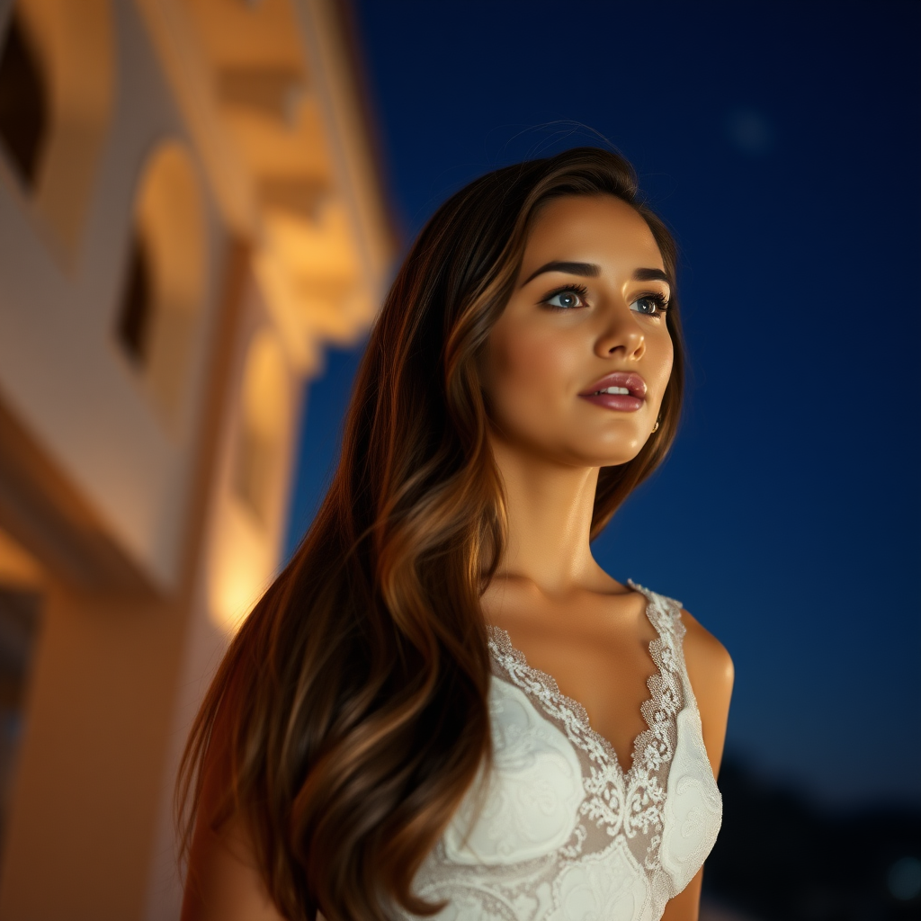 a young woman singing. long brunette hair with highlights, bright blue eyes. suntanned skin. small lips colored pale rose. looking to the side. wearing an elegant long white dress with transparent lace. view from far. night sky in background. photo