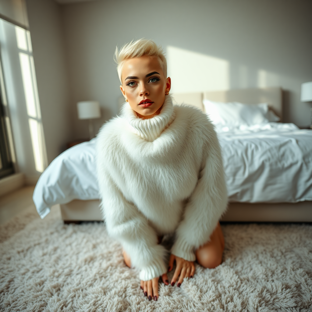 Vancouver sunny spring Sunday morning, master’s stylish penthouse apartment bedroom, concrete-glass-steel-leather clean design fluffy carpet, white sheets on bed, “FUZZY poncho lovers” community photo shoot. Sam, 19 years old beautiful involuntary femboy, rebellious intractable character, petite boyish figure, platinum blond boyish rebel punk hairstyle, flawless heavily made-up face with sharp arched tattooed eyebrows, wearing Supertanya-style fluffy very fuzzy bright white angora turtleneck-poncho fully covering body and arms, gold earrings, kneeling on carpet in front of bed, imitating “begging dog pose”, looking at camera. Tele-shot from upper angle, focus on Sam’s face and turtleneck-poncho.