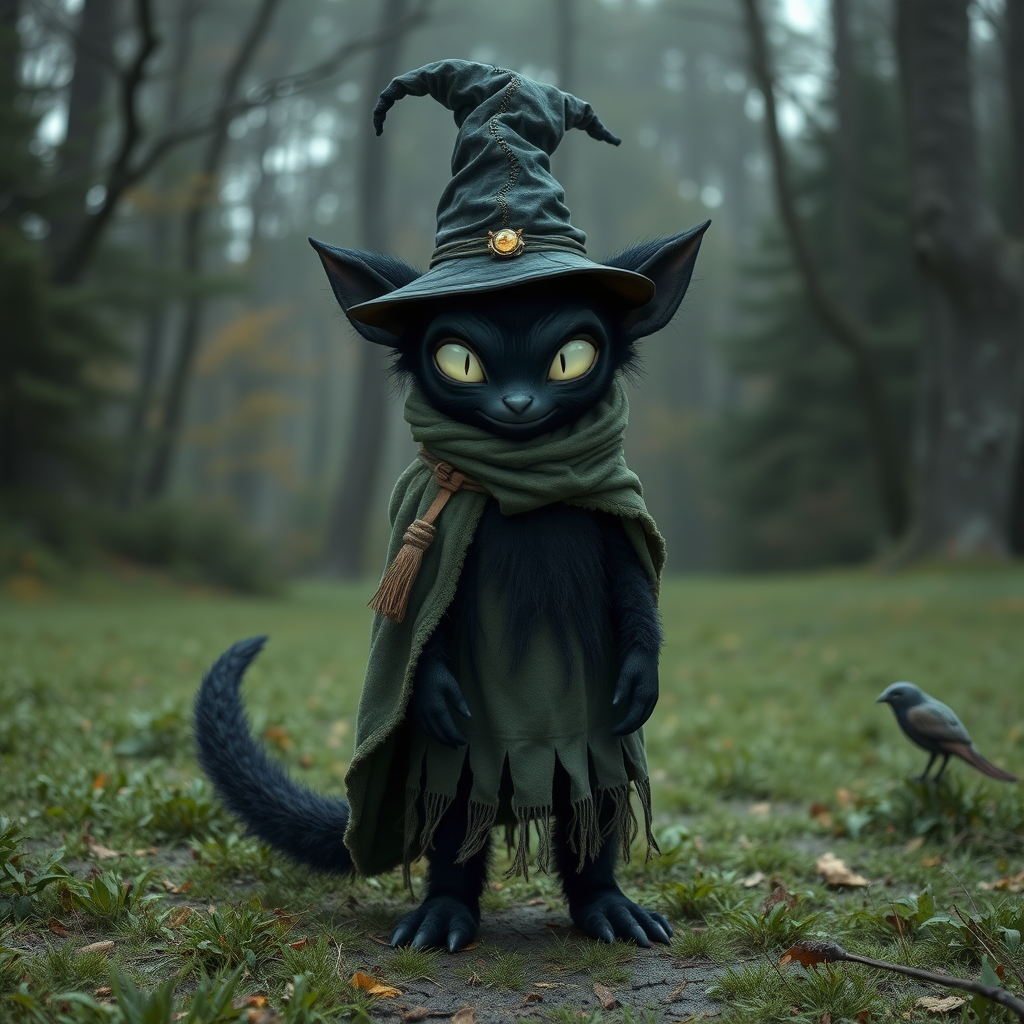 In the middle of the clearing is a dark creature with black fur, a long black tail, and big black ears. He wears a tattered sage green cloak that's way too big for him, and a brown sachal over his shoulder. He has a cacky colored tall pointed hat that leans to one side and bends in the middle and has a few trinkets strung to it. The creature doesn't have any facial features aside from 2 impossibly wide eyes that takes up most of his face, and glow a pure white.