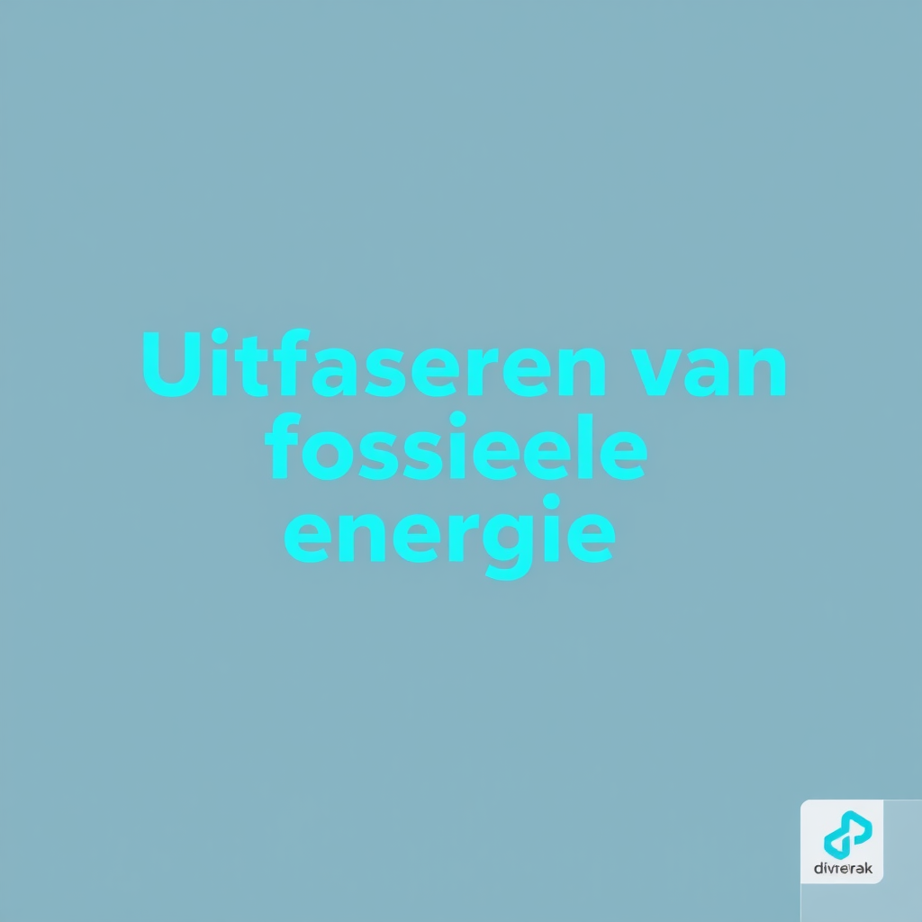 Create a minimalist presentation slide with the headline 'Uitfaseren van fossiele energie' in bold blue font at the top center. Add a simple and professional logo in the bottom-right corner, keeping the design clean and balanced.