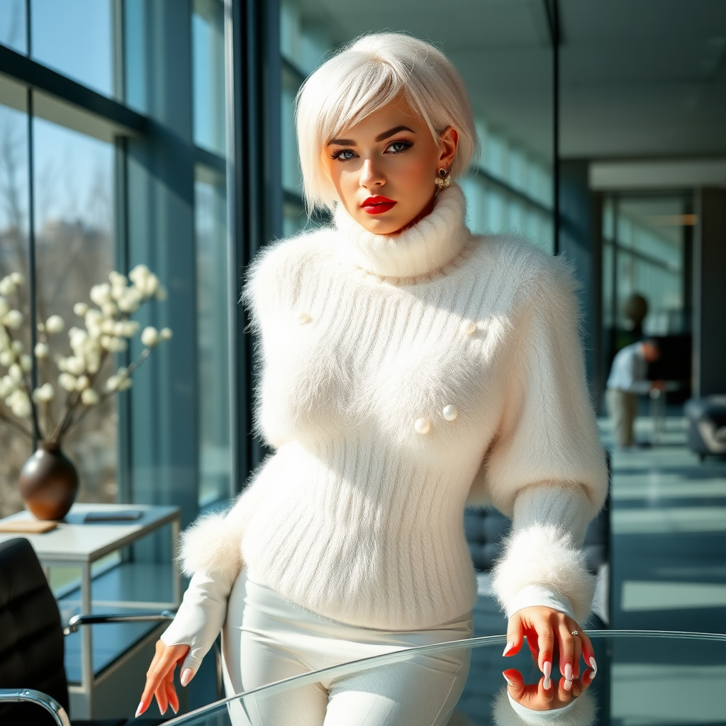 Sunny spring morning, modern glass-steel-concrete office, standing behind glass desk: Ana, European 17 years old very convincing femboy “trophy-bimbo”, tamed servile docile, very beautiful feminine flawless face, rather short boyish figure, platinum blond short tight curls, bold red lips, heavily made-up face, long French nails, wearing Supertanya-style chunky fluffy very fuzzy bright white plushy mohair figure-hugging turtleneck-knitdress with white pearl decoration, white vinyl thigh-high boots with golden heels, pearl earrings, serious, leaning forward hands on desktop presenting her assets, arrogantly looking at camera. Focus on face and turtleneck-poncho.