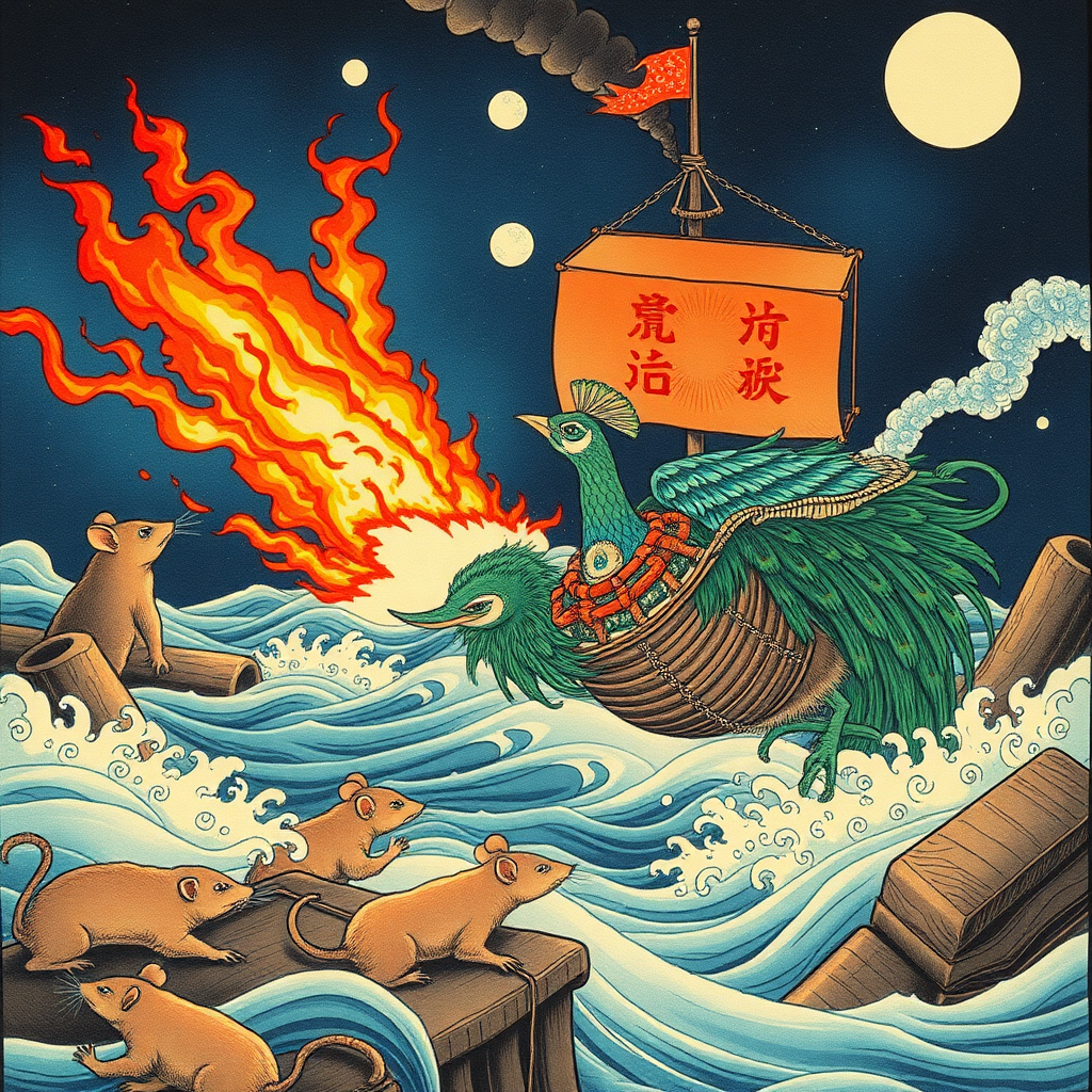 A peacock saving pirate rats from a burning spaceship, Chinese woodcut,