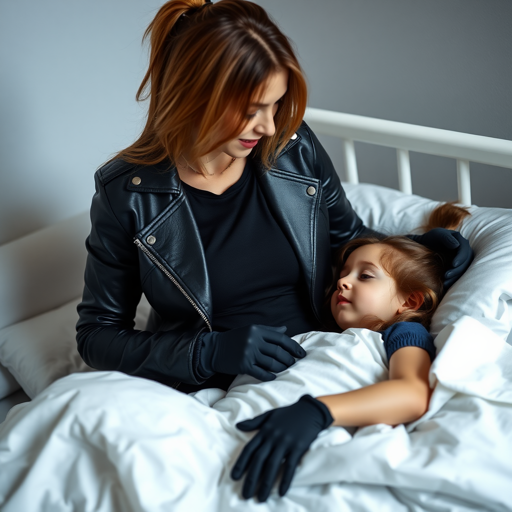 A beautiful female burglar in a black leather jacket over a black t-shirt with black jeans and gloves visits her sick little daughter lying in bed.