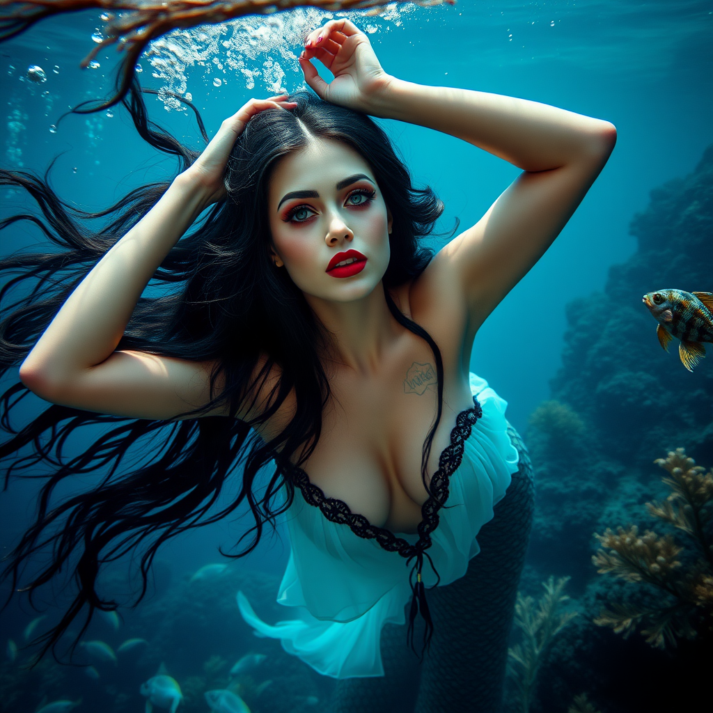 Vampirella as a mermaid underwater amazing loose flowing hair floating in a nimbus around her beautiful face her arms outstretched languidly over her head. she's looking down into the viewer's eyes making intense eye contact. loose fitting diaphanous. Burlesque. Stunning undersea life details plants and fish and other creatures of the sea. Amazing HD DSLR photographic output.