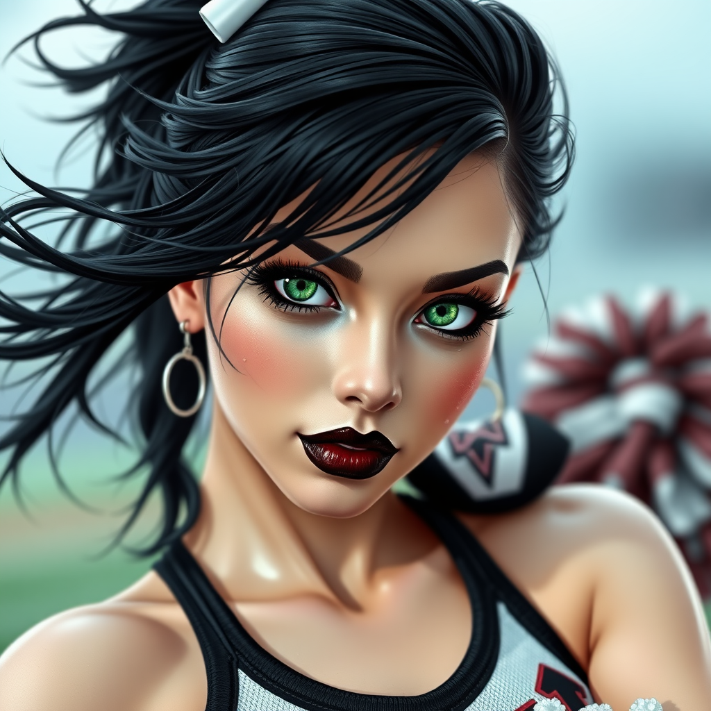 Juliet Starling is a short athletic goth and cheerleader of Santa Romero High. She has a very confident and seductive expression while posing for her team. Her black hair flows in the midwinter wind. Her green eyes shine like emeralds. Her black lips are alluring like ivy. Drops of sweat are running down her pale skin.