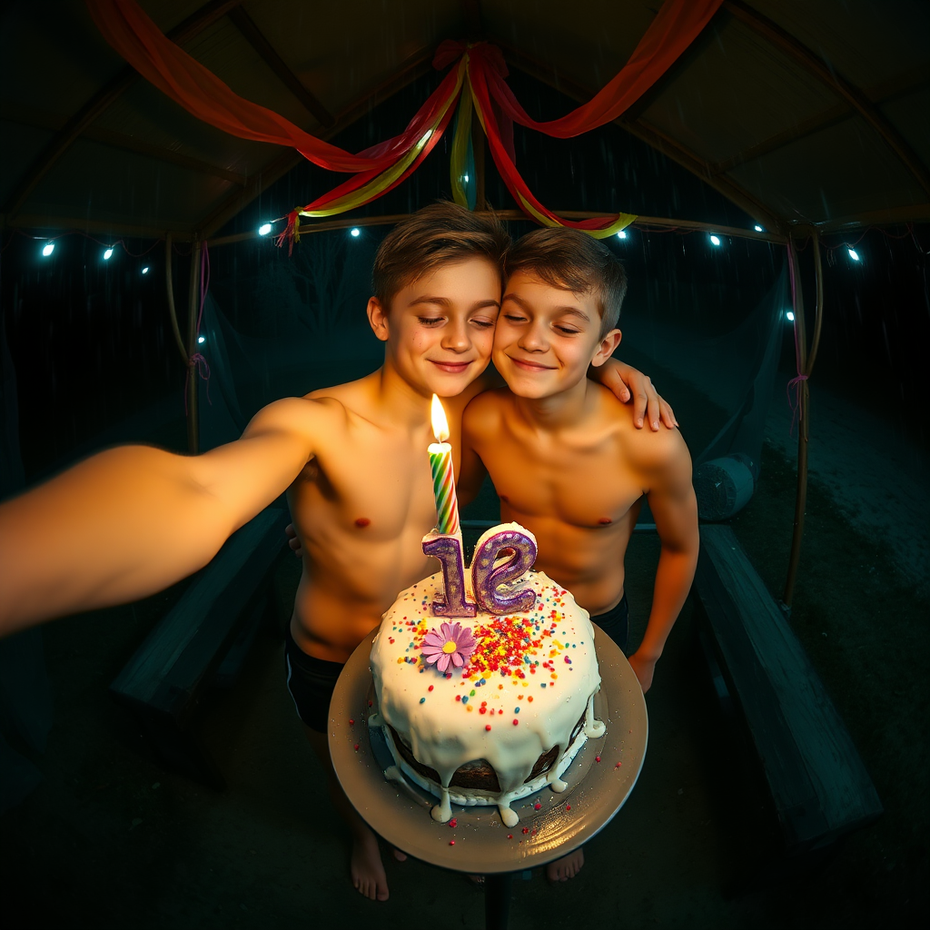 rainbow birthday party!, aerial selfie, selfie stick, night vision, friendly barefoot tween boy shirtless with adorable hair and freckles kissing his brother, candle on cake shaped like 12, they are sticky with smashed birthday cake and icing like runny white mucus, shirtless and in tiny little fitted trunks, alone celebrating in a dark rainy picnic shelter at midnight, winking at the camera, rainbow decorations