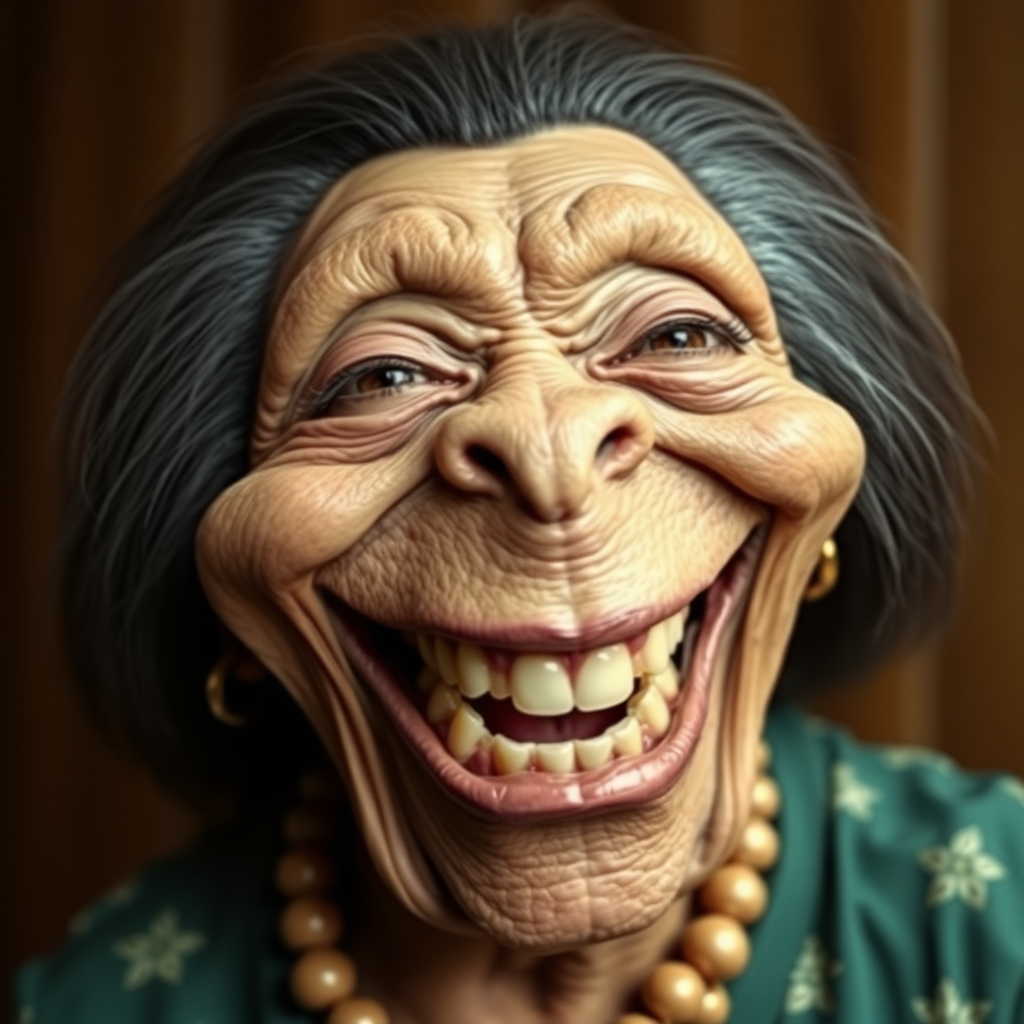 Kamala Harris lookalike old fat ugly female alien laughing with behemoth-size mouth, showing big rotten teeth,