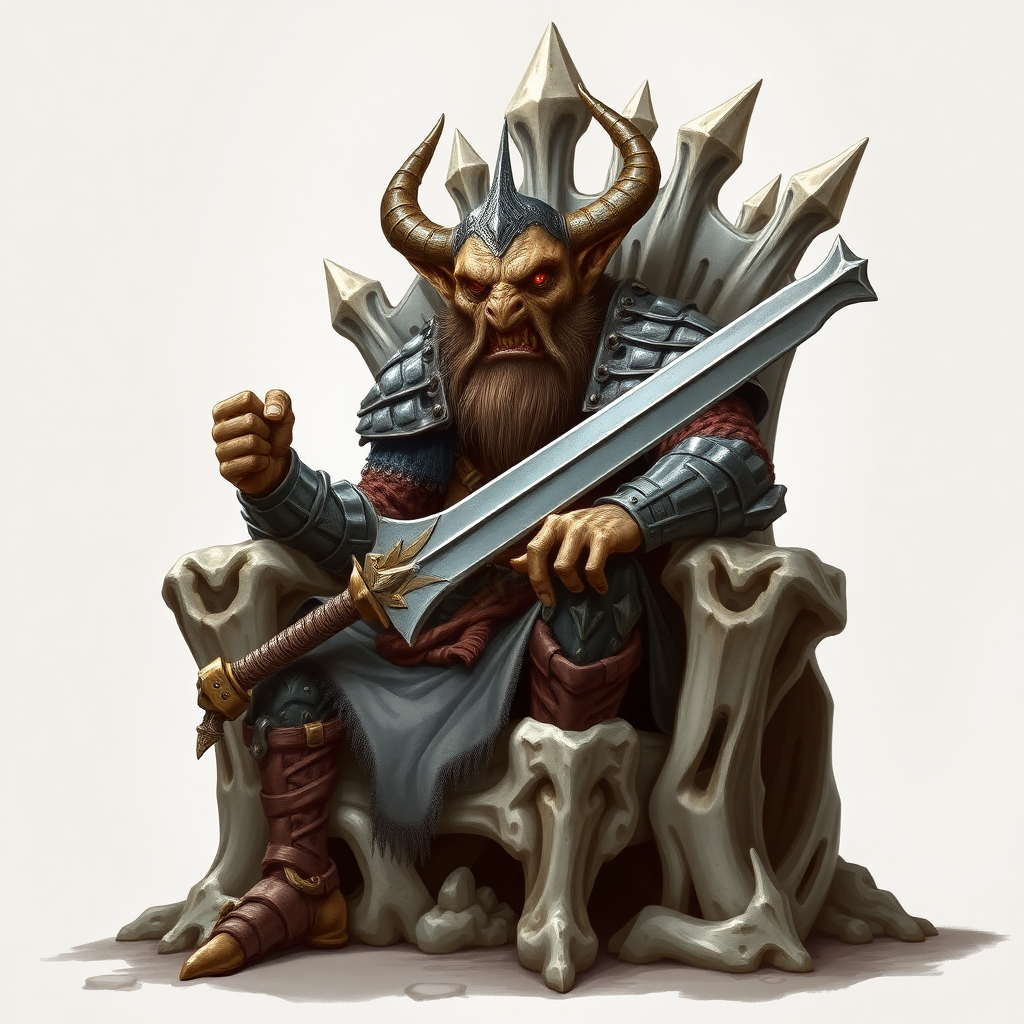 Hobgoblin warrior, charismatic, wearing chainmail and a broadsword, he is sitting a bone throne