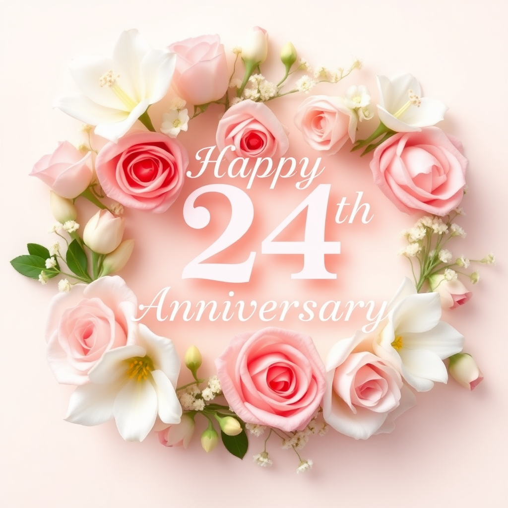 Create a soft, elegant image for a 24th wedding anniversary with a subtle 25-1 motif, blending celebration and love. Include delicate flowers, such as roses or lilies, arranged around a message that reads: "Happy 24th Wedding Anniversary". Incorporate soft pastel colors like pinks, creams, and whites. The overall vibe should be warm, romantic, and joyous, capturing the essence of love and commitment over the years. the text needs to be exact. do not omit the word "Wedding".