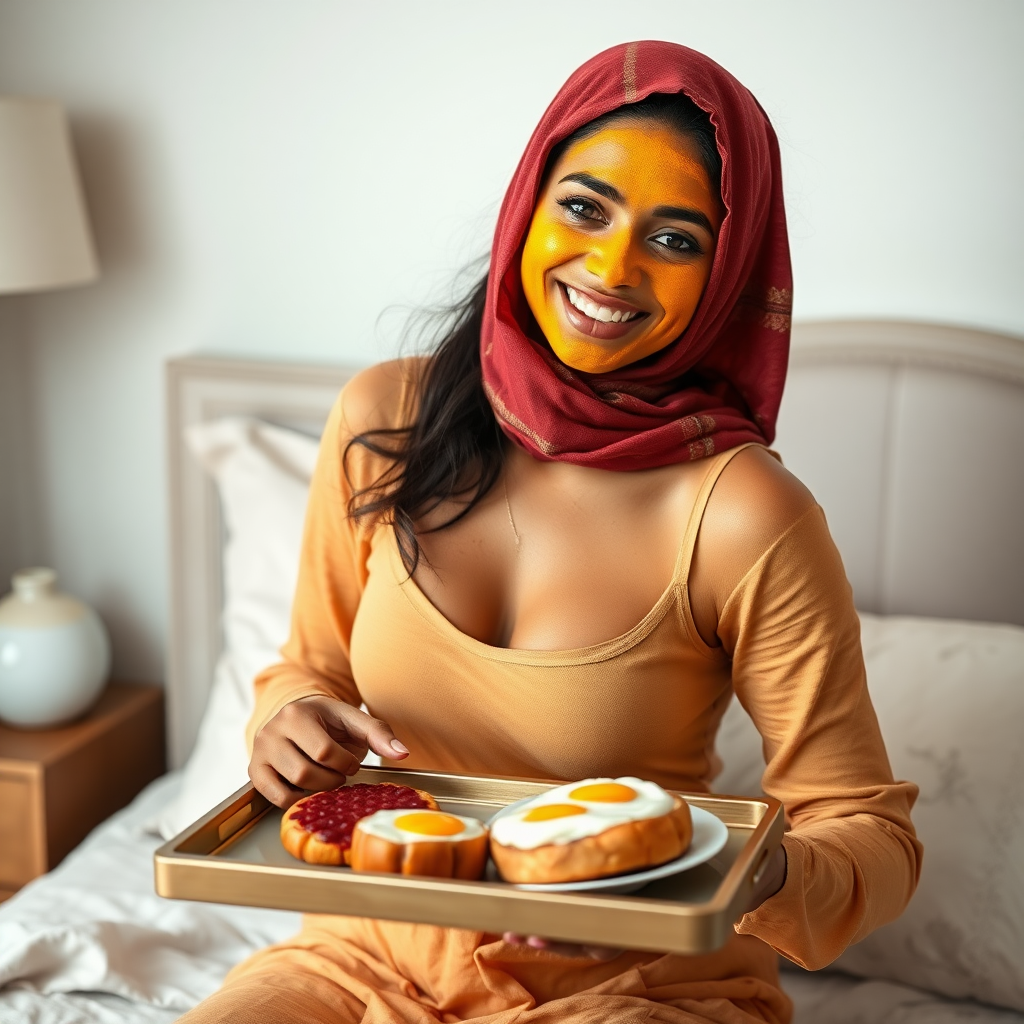 slim, 30 year old, sexy, indian wife, scarf head, turmeric face mask. She is smiling and serving breakfast on a tray on bedside table