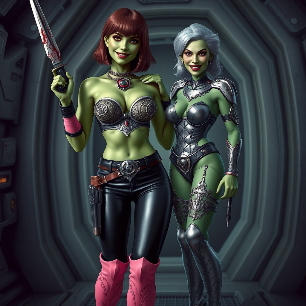 Tall, beautiful green skinned woman. Her brown hair is in a shag-cut style. Her eyes are gold. She is dressed in an ornate metal bra. She is wearing black leather pants, with pink knee high boots. She is holding a large, bloody dagger in a threatening manner. She is smiling. A sci-fi looking gun is holstered at her hip. Standing next to her, hand on her shoulder is an older green skinned woman, dressed in a metal bikini and gray knee boots. She is at a sci-fi space-port.