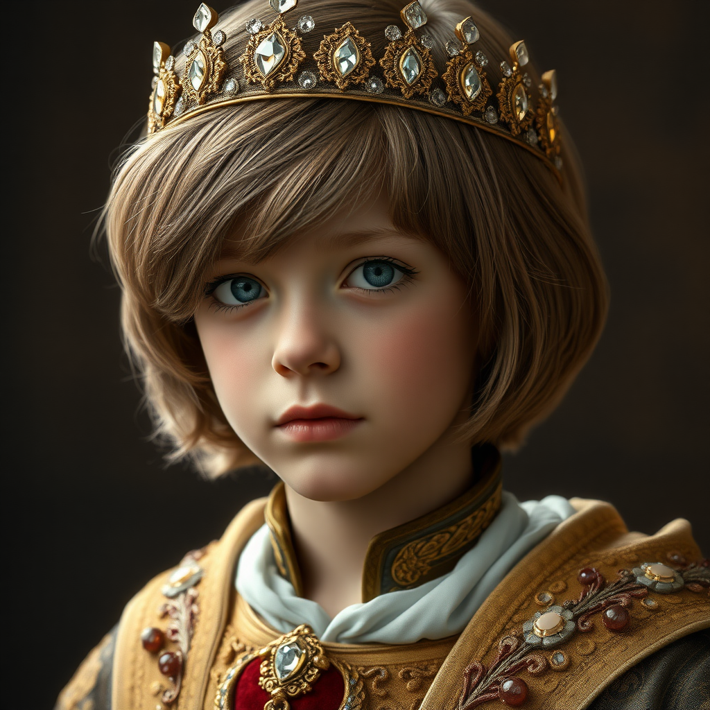 teen boy prince, long bob cut, embroidered with gold and diamonds medieval cloths, diamond diadem. photorealistic, ultra high resolution, 16K,